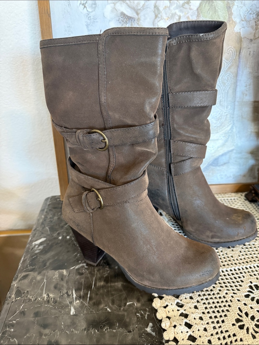 Maurices Taupe Brown Mid-Calf Heeled Boots with Buckle Straps